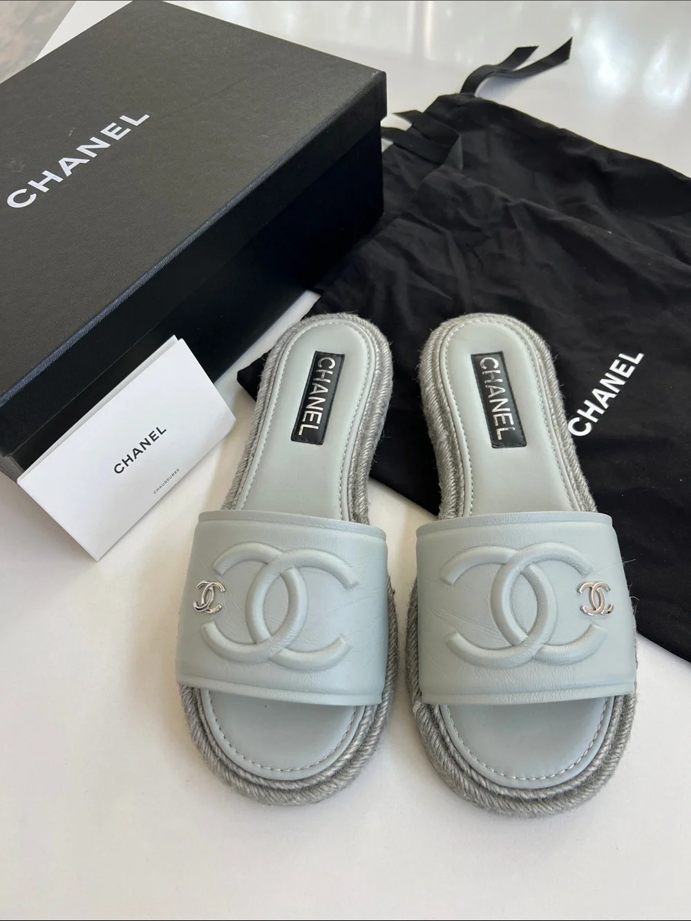 CHANEL light blue leather open toe flat CC sandals espadrilles braided jute 40C